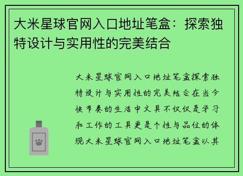 大米星球官网入口地址笔盒：探索独特设计与实用性的完美结合